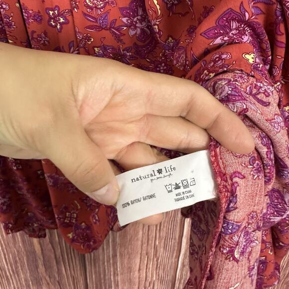 Natural life Rose Dress Rust Purple Floral Tie Neck Babydoll Womens Medium - Picture 6 of 7